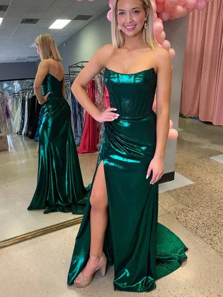 Mermaid Strapless Corset Ruched Slit Emerald Green Evening Dress With Train