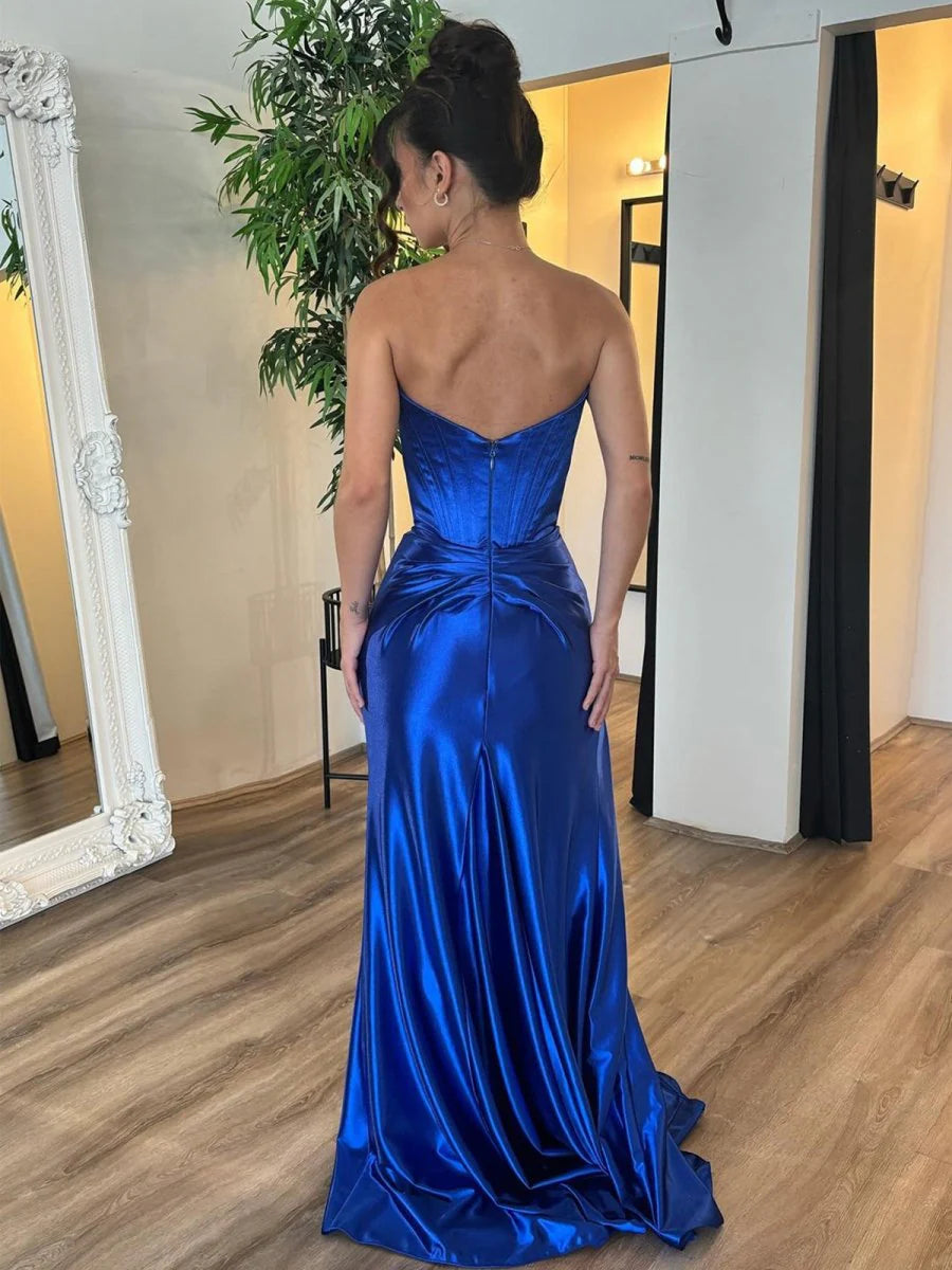 Mermaid Strapless Corset Satin Royal Blue Prom Dress With High Split