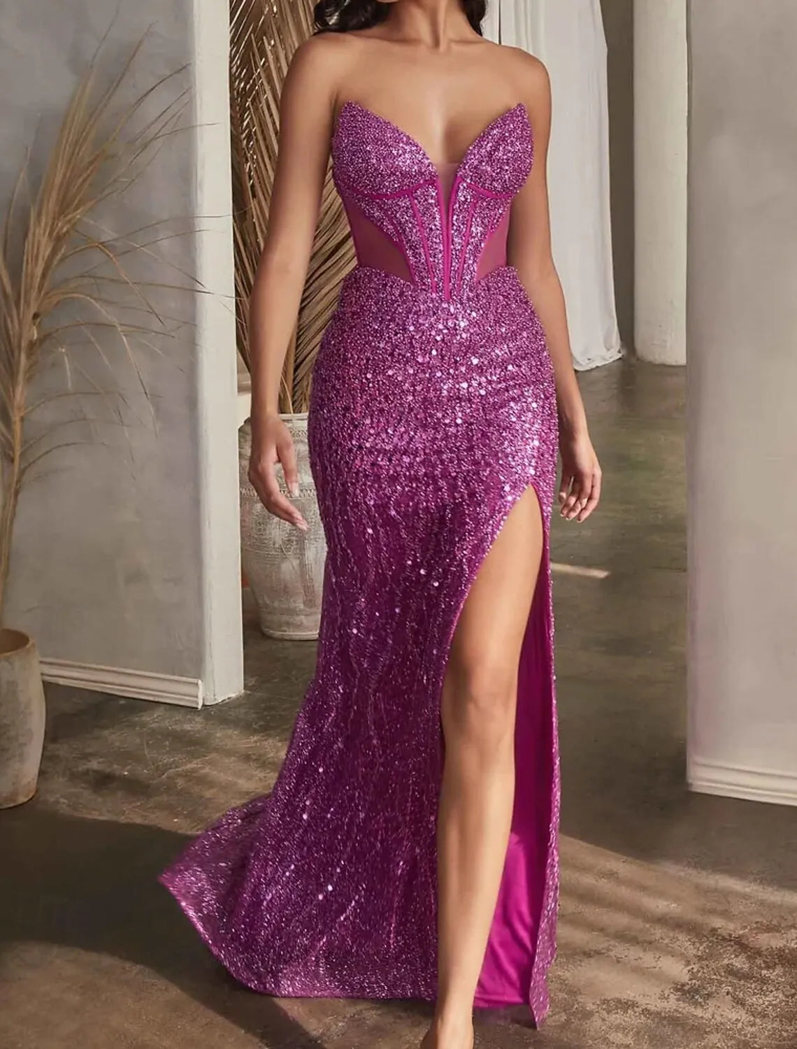 Mermaid Strapless Corset Sequin Fuchsia Train Evening Dress With High Slit