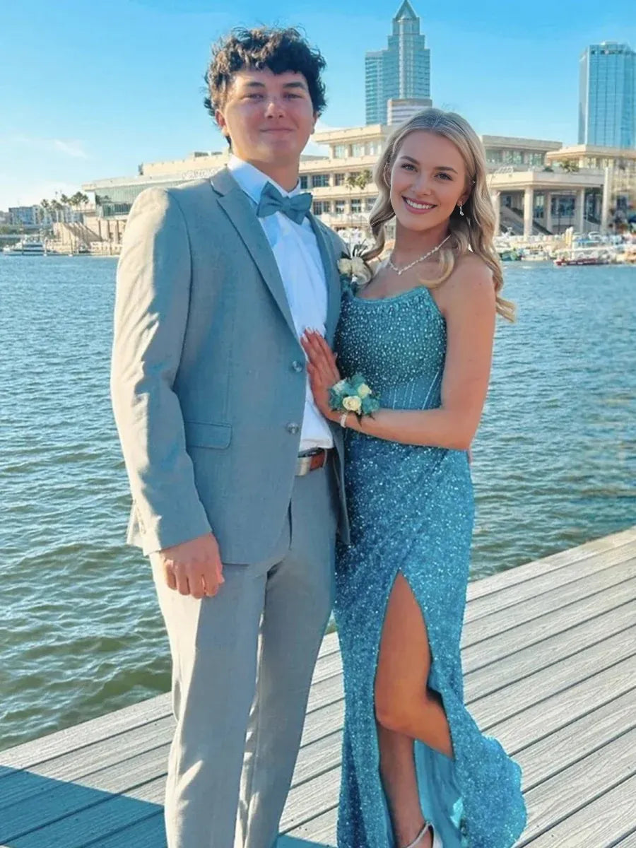 Mermaid Strapless Corset Sequins Champagne Long Prom Dress With Split