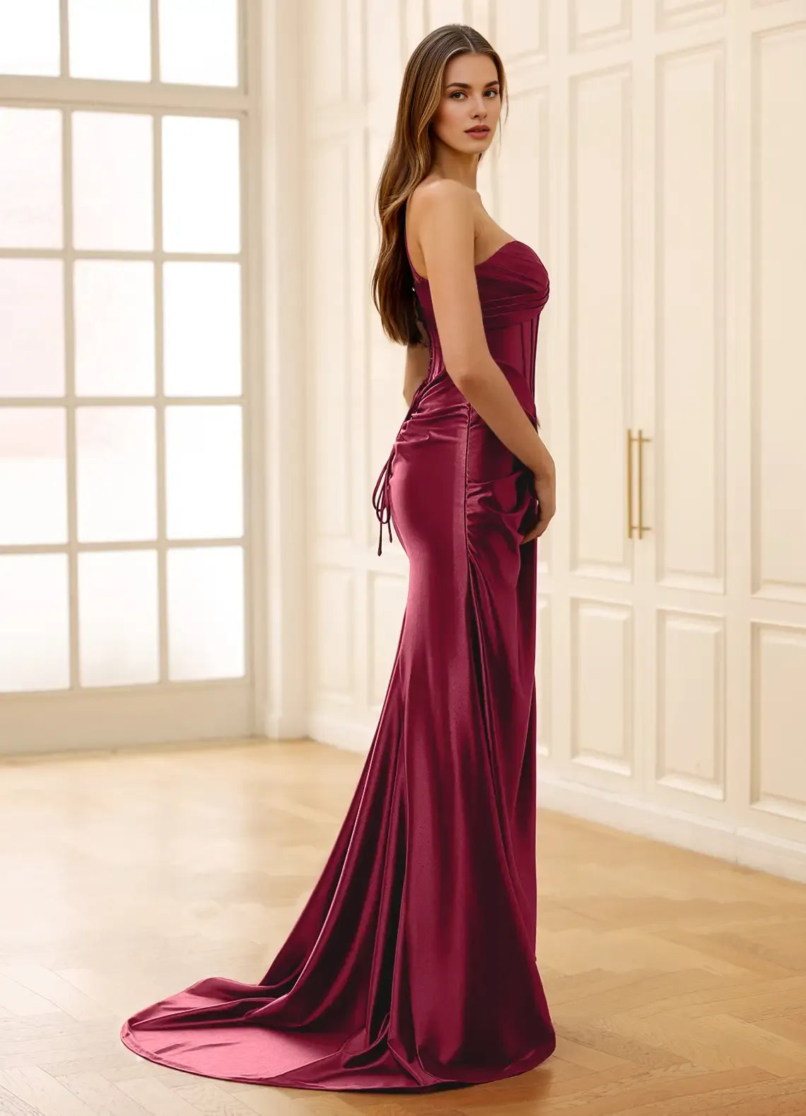 Mermaid Strapless Cutout Pleated Satin Burgundy Floor Length Prom Dress