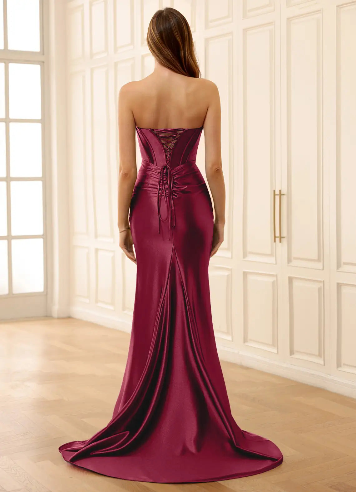 Mermaid Strapless Cutout Pleated Satin Burgundy Floor Length Prom Dress