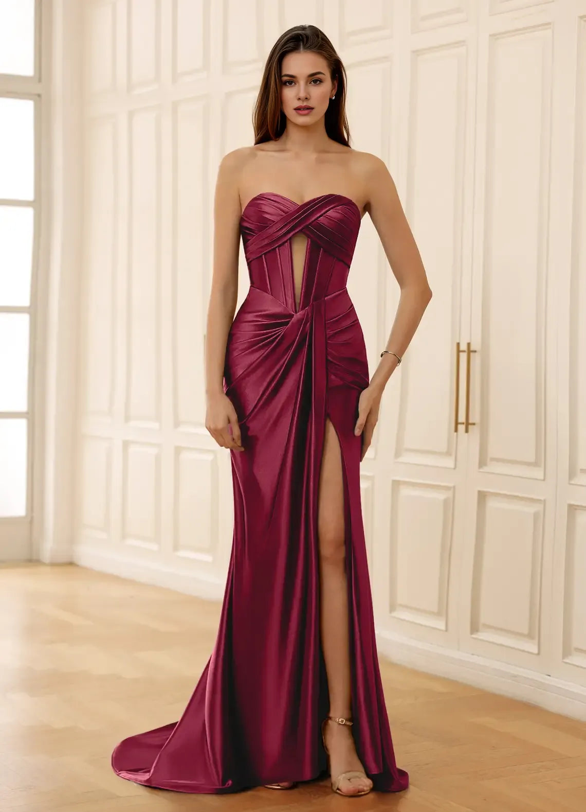 Mermaid Strapless Cutout Pleated Satin Burgundy Floor Length Prom Dress