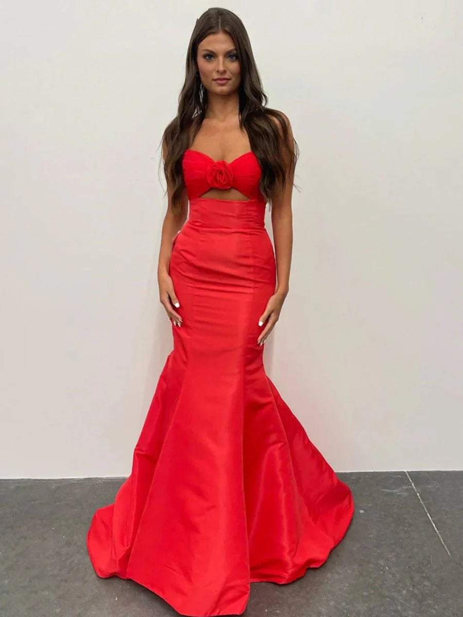 Mermaid Strapless Cutout Taffeta White and Black Long Prom Dress