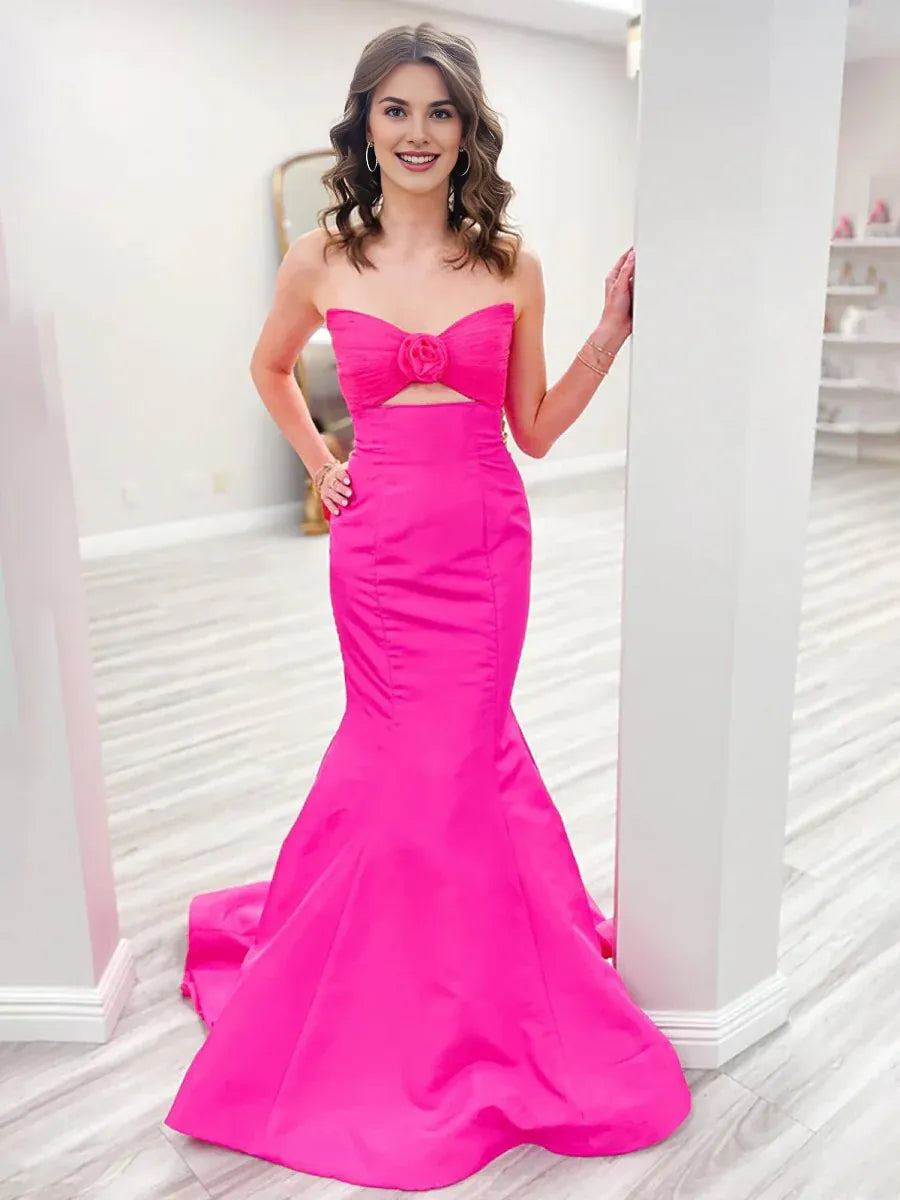 Mermaid Strapless Cutout Taffeta White and Black Long Prom Dress