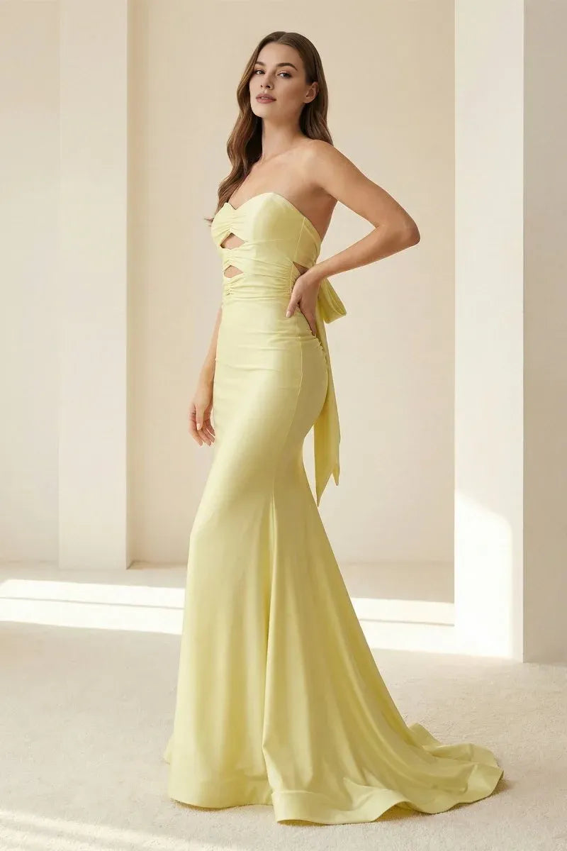 Mermaid Strapless Cutout Tie Satin Yellow Floor Length Evening Dresses