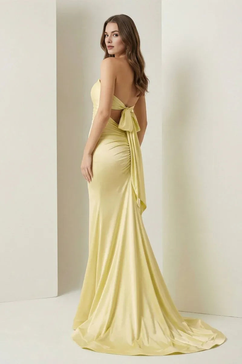 Mermaid Strapless Cutout Tie Satin Yellow Floor Length Evening Dresses