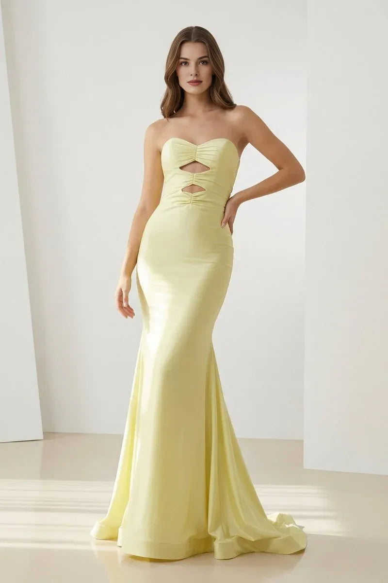 Mermaid Strapless Cutout Tie Satin Yellow Floor Length Evening Dresses