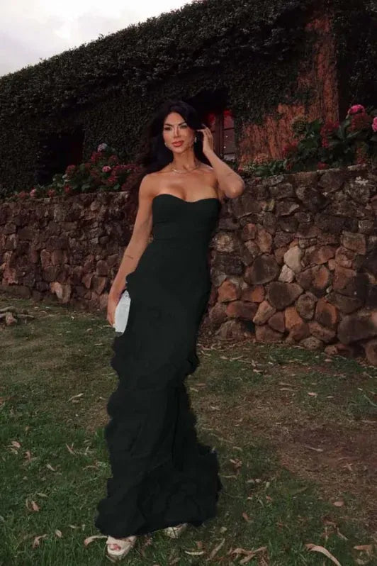 Mermaid Strapless Evening Dress Ruffles Chiffon Yellow Long Prom Dress