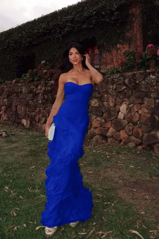 Mermaid Strapless Evening Dress Ruffles Chiffon Yellow Long Prom Dress