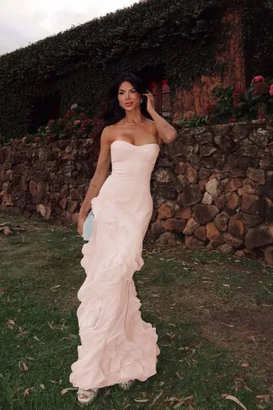 Mermaid Strapless Evening Dress Ruffles Chiffon Yellow Long Prom Dress