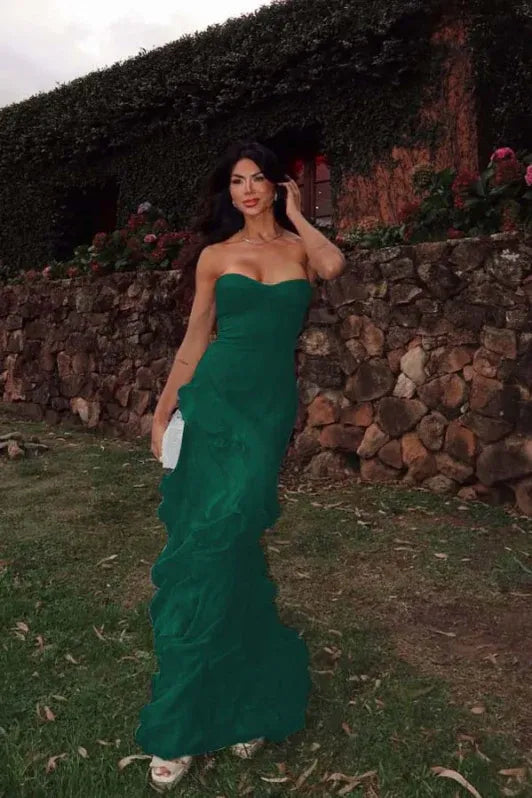 Mermaid Strapless Evening Dress Ruffles Chiffon Yellow Long Prom Dress