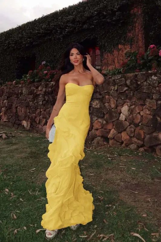 Mermaid Strapless Evening Dress Ruffles Chiffon Yellow Long Prom Dress