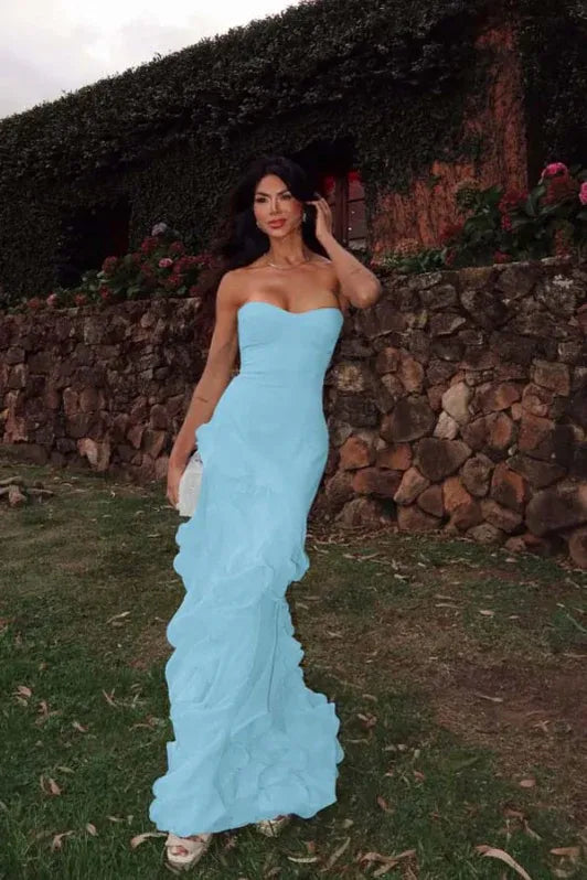 Mermaid Strapless Evening Dress Ruffles Chiffon Yellow Long Prom Dress