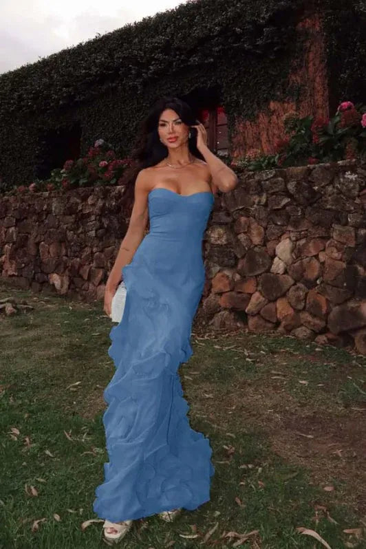Mermaid Strapless Evening Dress Ruffles Chiffon Yellow Long Prom Dress