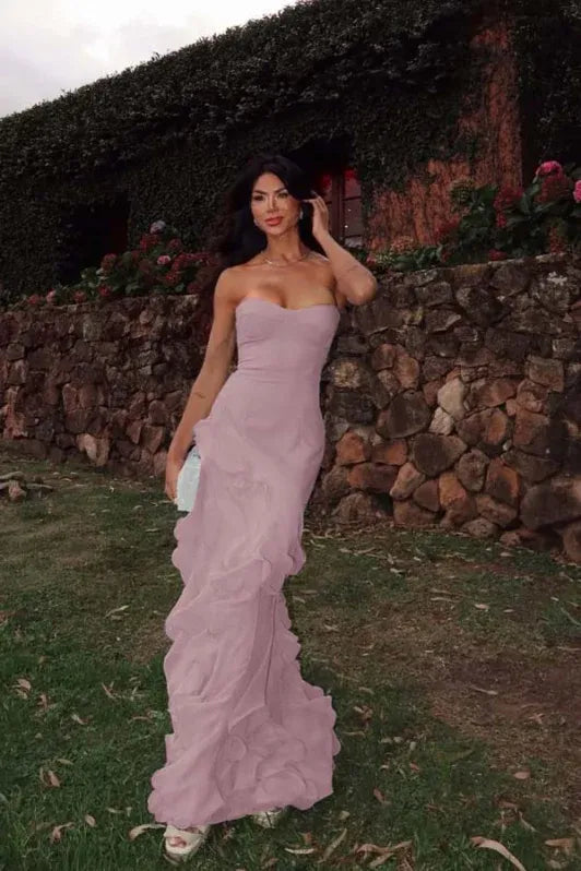 Mermaid Strapless Evening Dress Ruffles Chiffon Yellow Long Prom Dress
