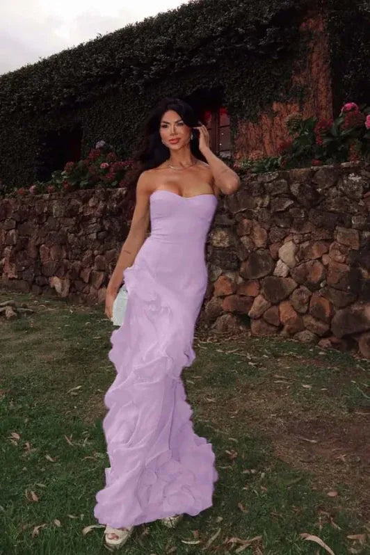 Mermaid Strapless Evening Dress Ruffles Chiffon Yellow Long Prom Dress