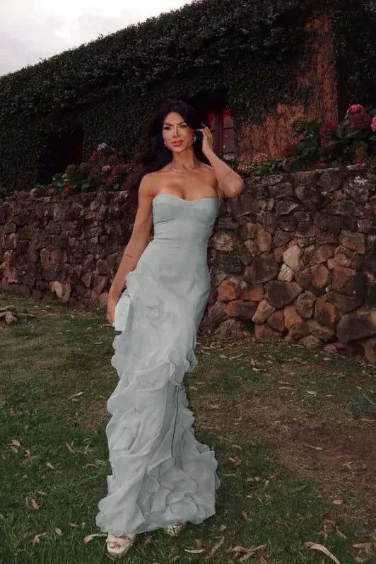 Mermaid Strapless Evening Dress Ruffles Chiffon Yellow Long Prom Dress