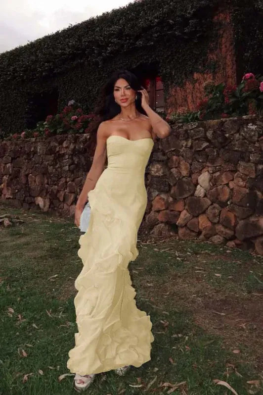 Mermaid Strapless Evening Dress Ruffles Chiffon Yellow Long Prom Dress