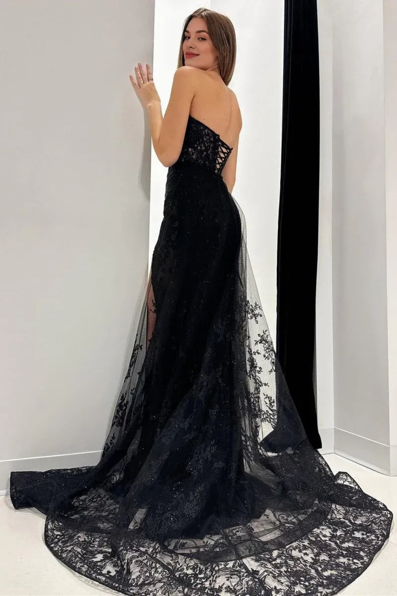 Mermaid Strapless Floral Lace Black Long Evening Dress With Attached Train