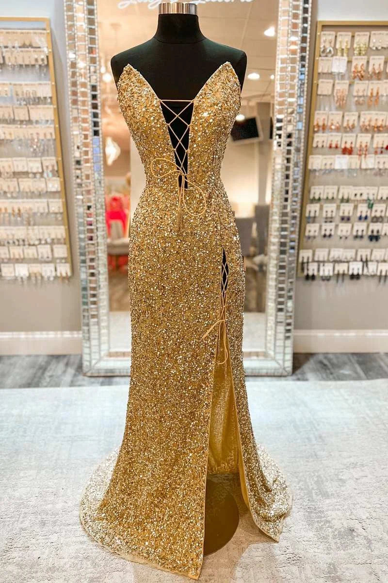 Mermaid Strapless Lace-Up Front Sequin Gold Long Evening Dress With Slit