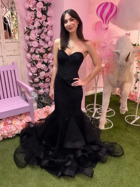 Mermaid Strapless Lace Applique Ruffle Tulle Black Long Prom Dress
