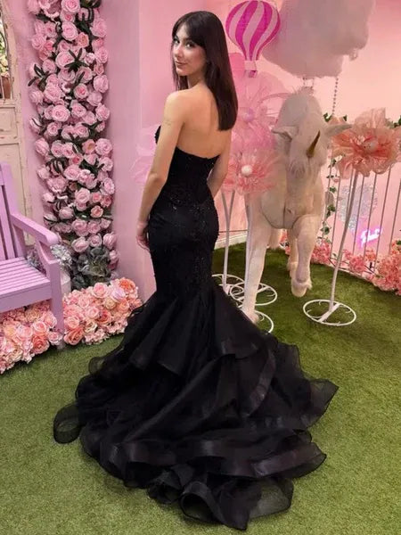 Mermaid Strapless Lace Applique Ruffle Tulle Black Long Prom Dress
