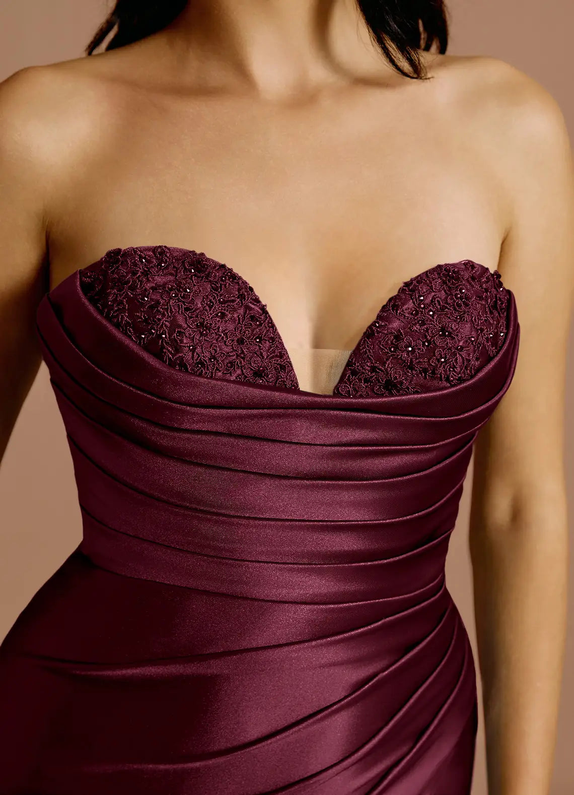 Mermaid Strapless Pleated Applique Lace Satin Wine Maxi Evening Dress
