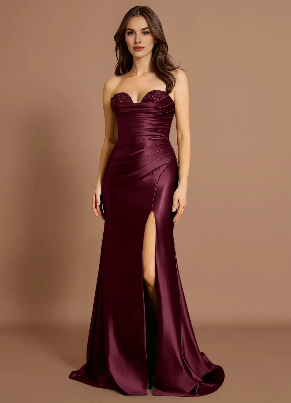 Mermaid Strapless Pleated Applique Lace Satin Wine Maxi Evening Dress