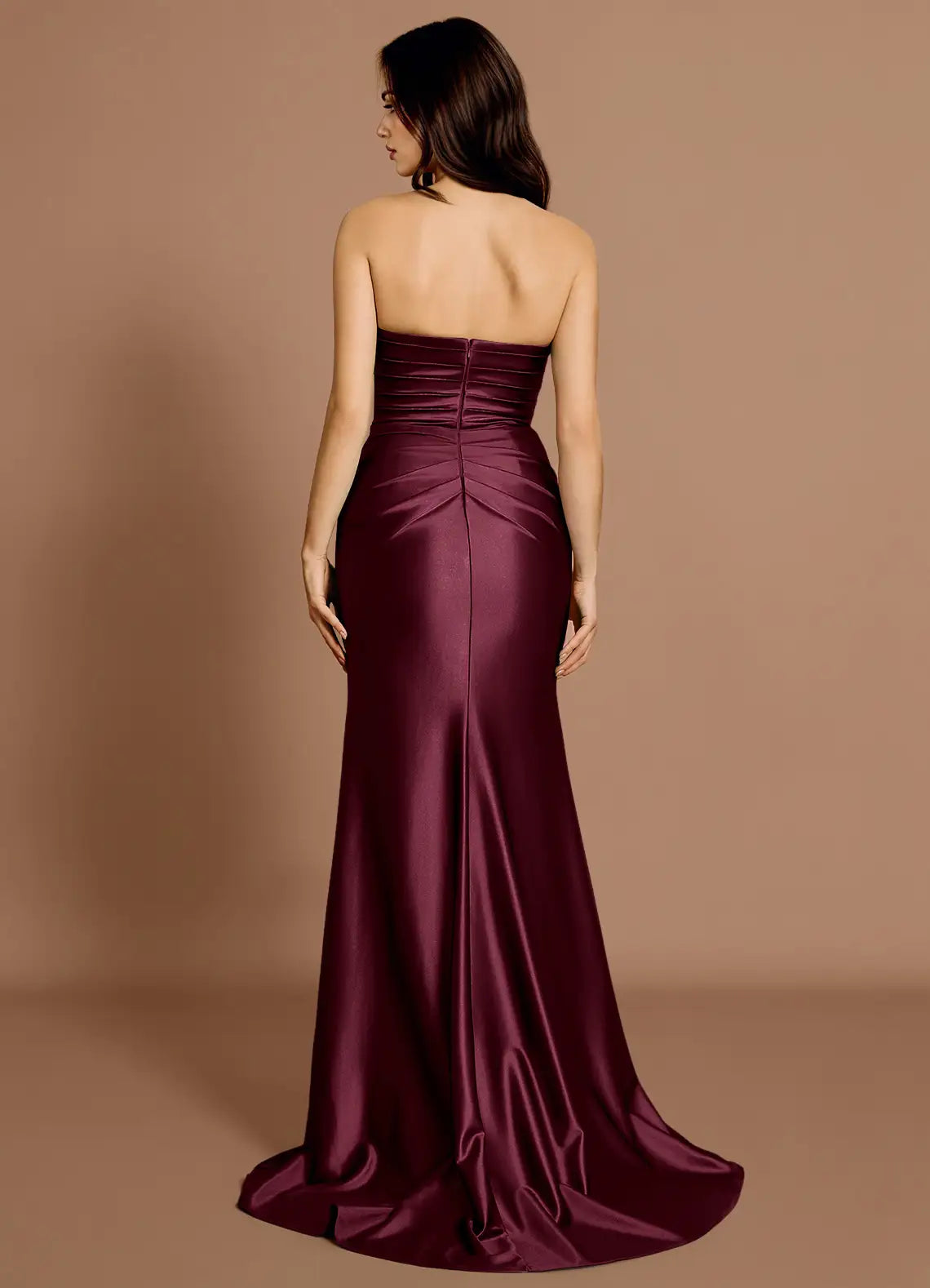 Mermaid Strapless Pleated Applique Lace Satin Wine Maxi Evening Dress