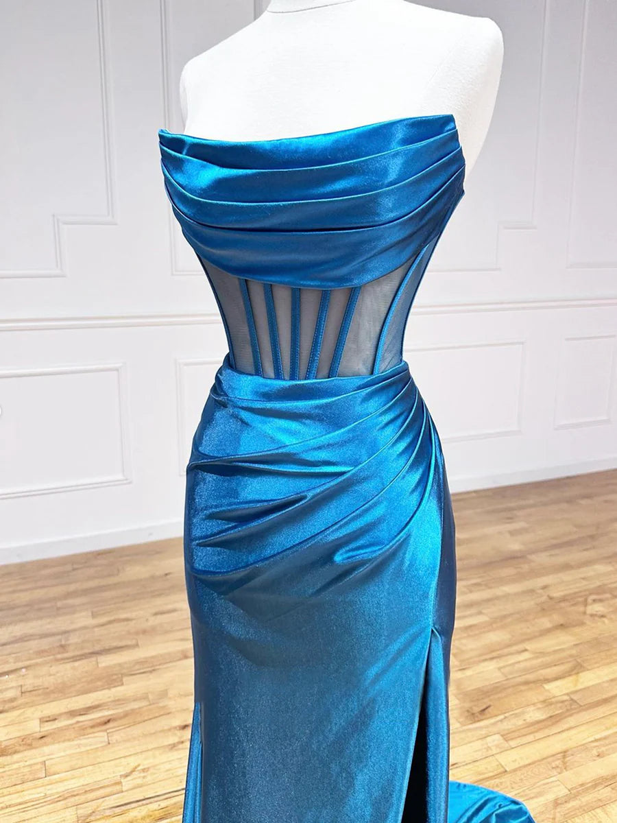 Simple Mermaid Strapless Sleeveless Pleated Bodycon Satin Blue Long Prom Dress With Slit