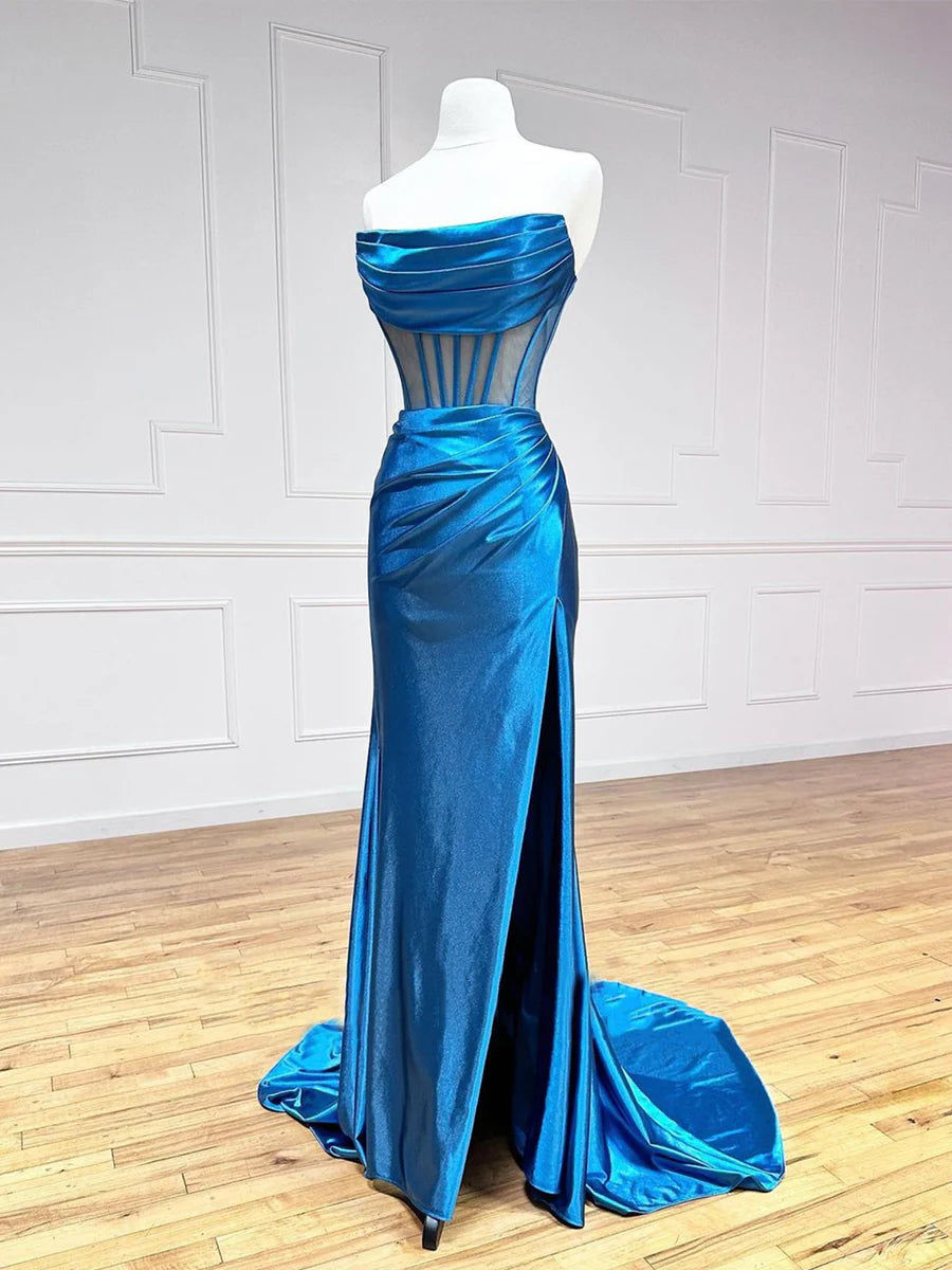 Simple Mermaid Strapless Sleeveless Pleated Bodycon Satin Blue Long Prom Dress With Slit