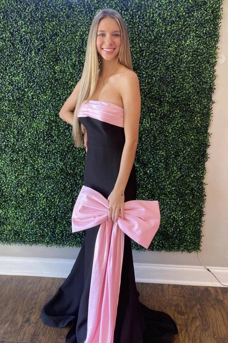 Mermaid Strapless Pleated Bow Pink And Black Prom Dress With Sweep Train