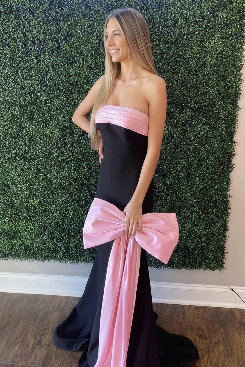 Mermaid Strapless Pleated Bow Pink And Black Prom Dress With Sweep Train