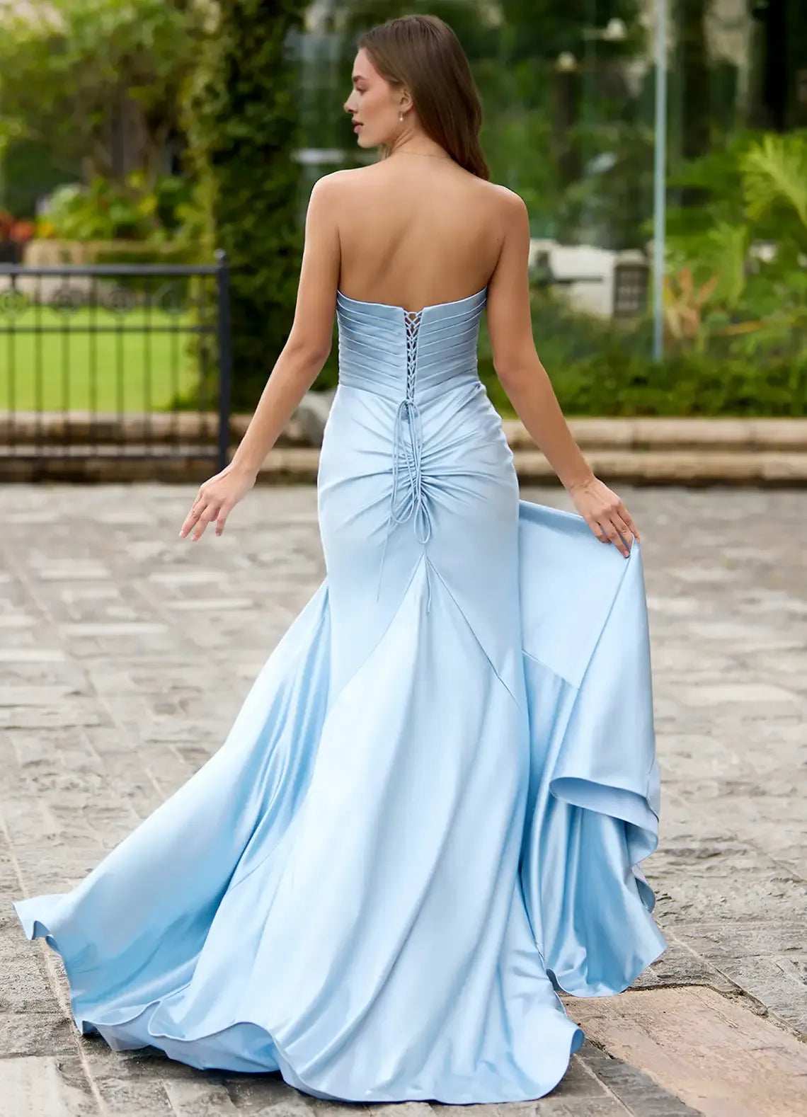 Mermaid Strapless Pleated Keyhole Satin Light Blue Prom Dress With Slit