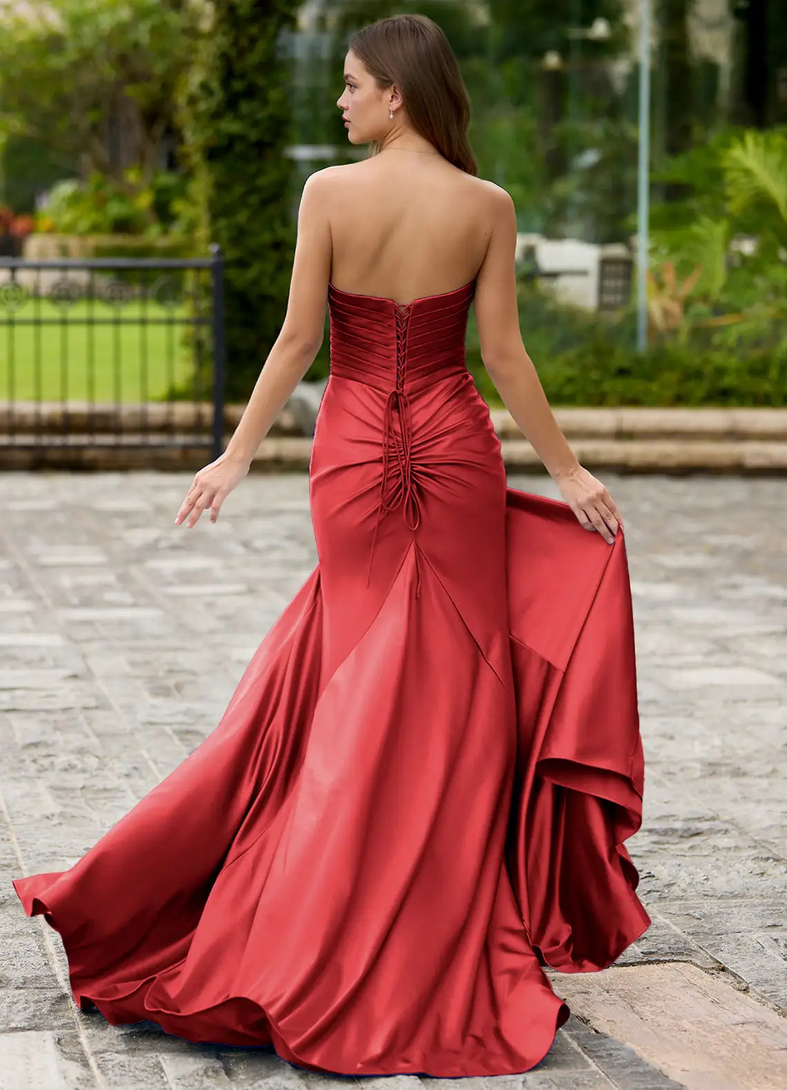 Mermaid Strapless Pleated Keyhole Satin Red Prom Dress With Slit