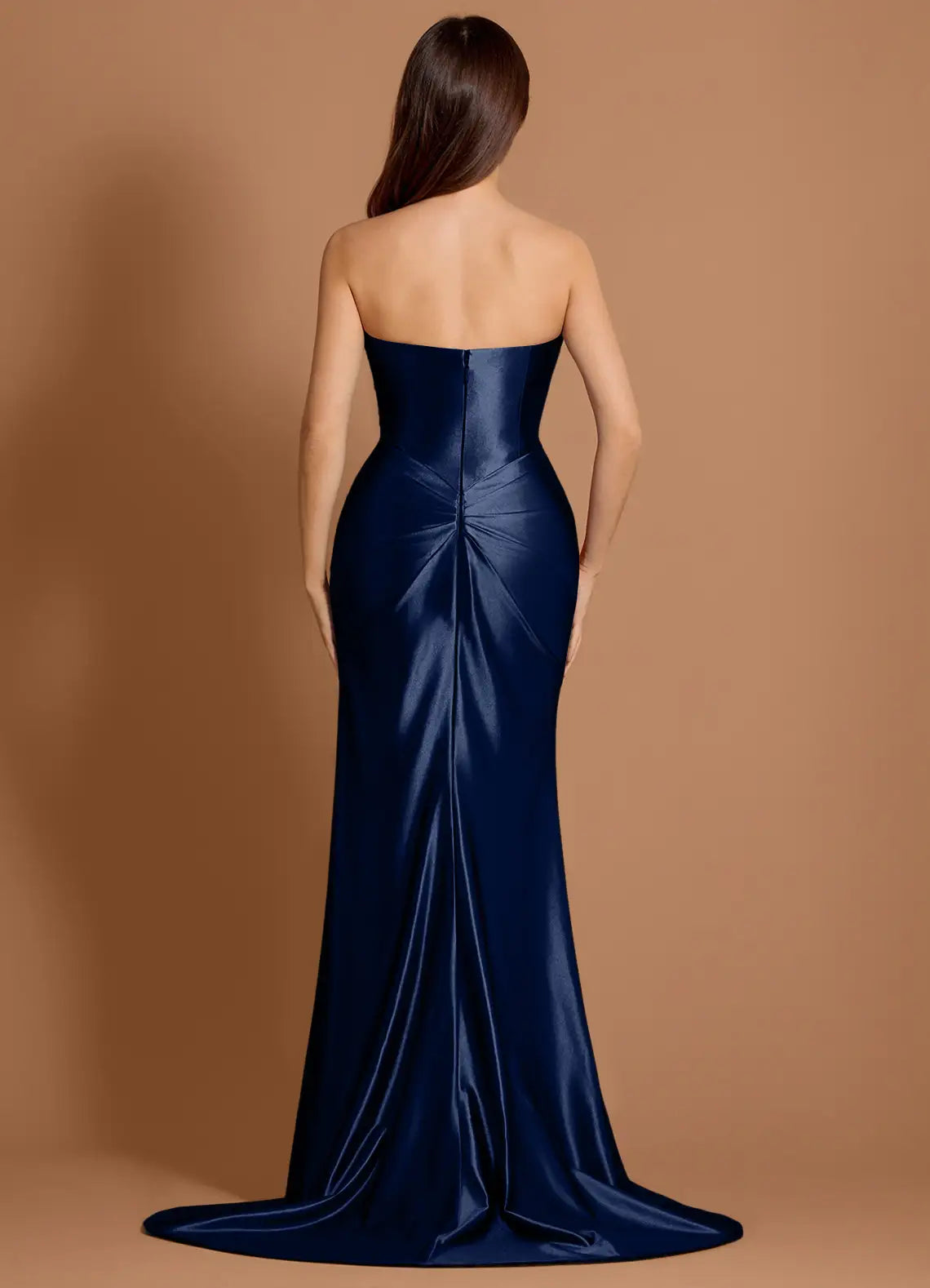 Mermaid Strapless Pleated Navy Maxi Evening Dress With Side Slit
