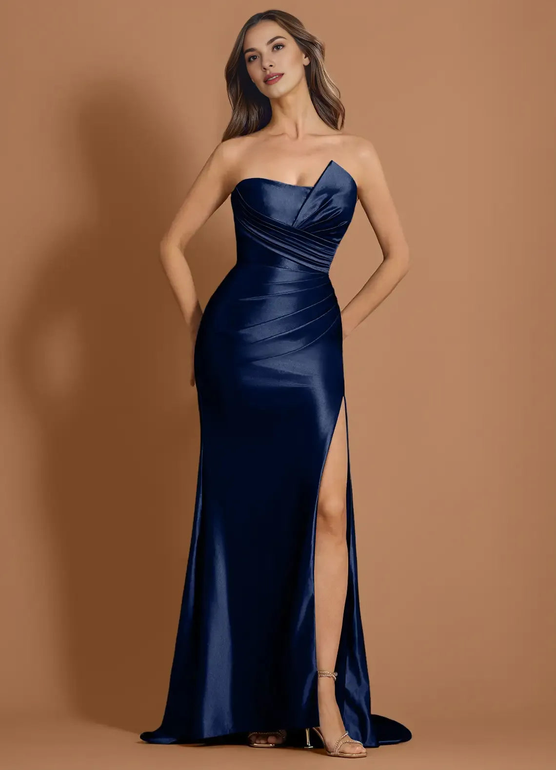 Mermaid Strapless Pleated Navy Maxi Evening Dress With Side Slit