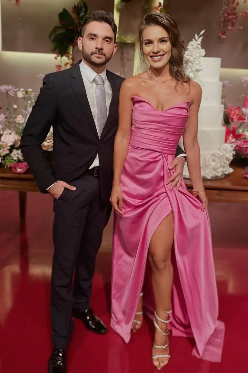 Mermaid Strapless Pleated Satin Hot Pink Long Evening Dress With Slit