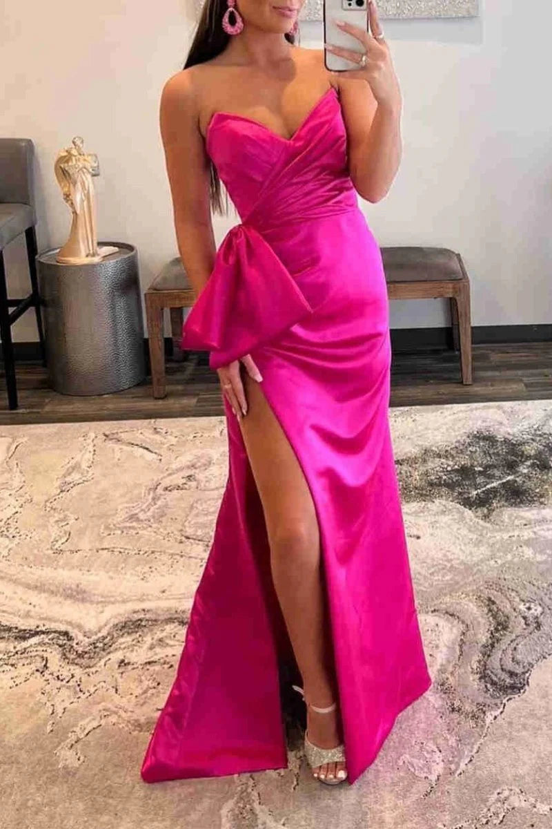 Mermaid Strapless Pleated Satin Pink Long Evening Dress With Bow Tie