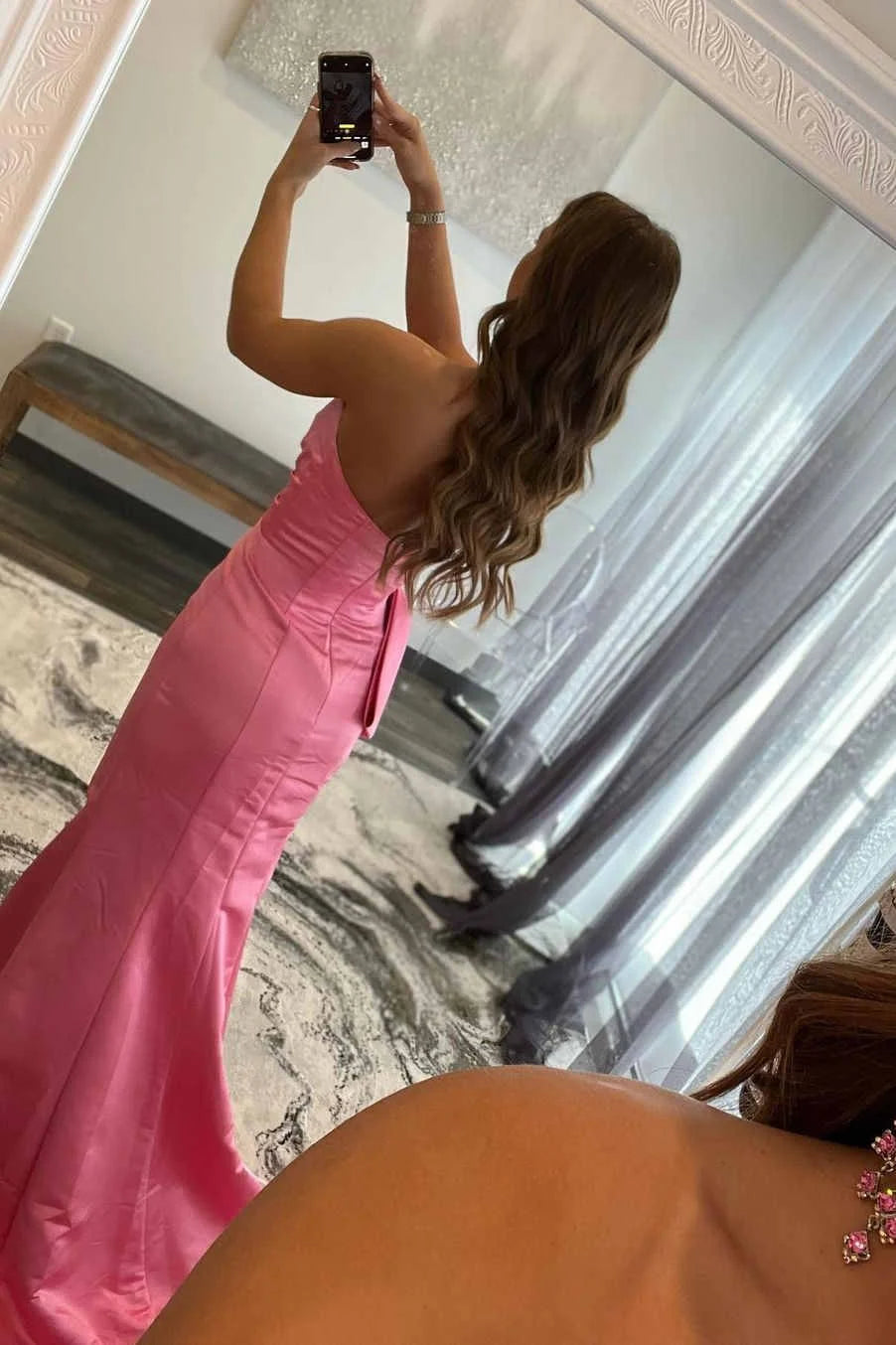 Mermaid Strapless Pleated Satin Pink Long Evening Dress With Bow Tie