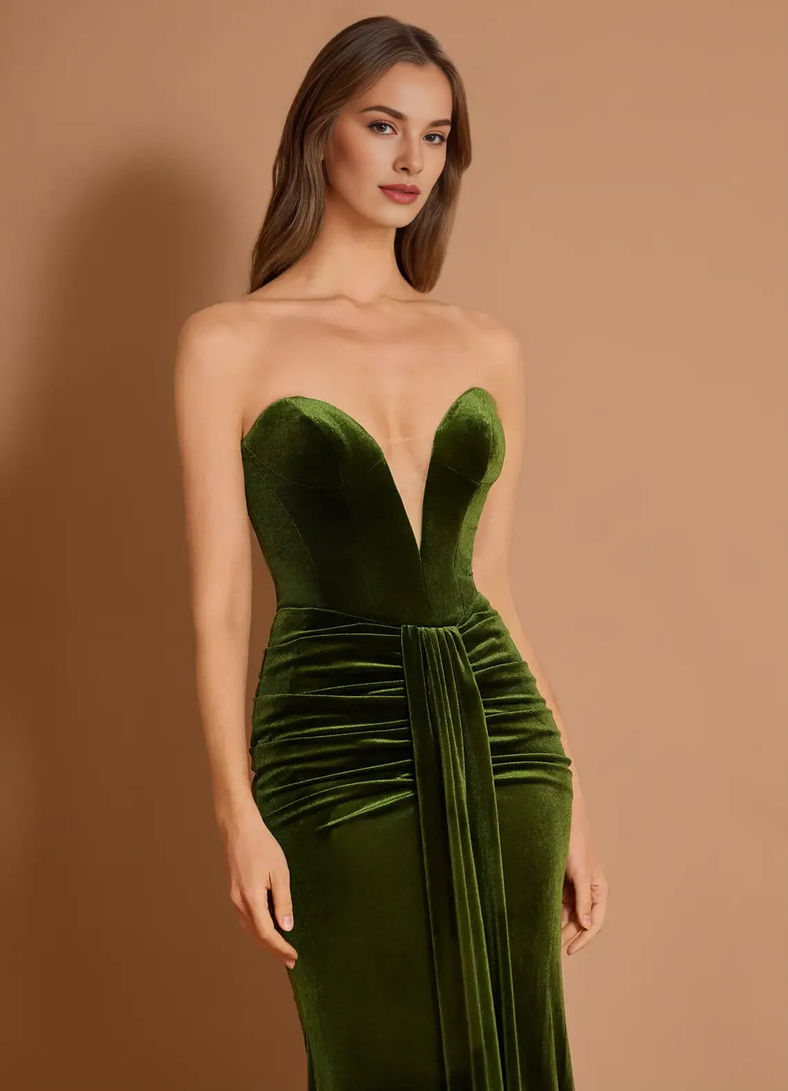 Mermaid Strapless Pleated Velvet Olive Maxi Evening Dress For Women