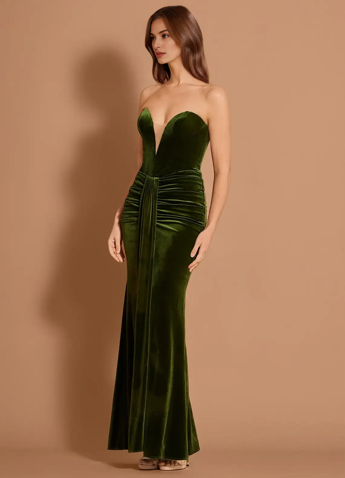 Mermaid Strapless Pleated Velvet Olive Maxi Evening Dress For Women