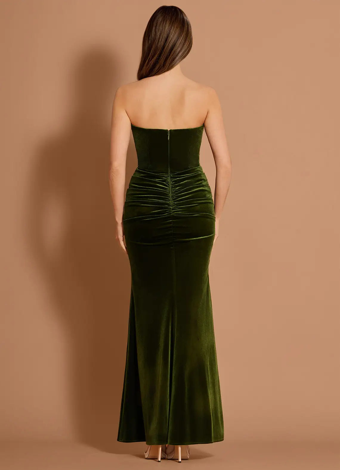 Mermaid Strapless Pleated Velvet Olive Maxi Evening Dress For Women