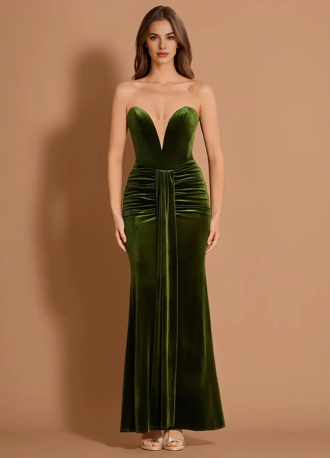 Mermaid Strapless Pleated Velvet Olive Maxi Evening Dress For Women