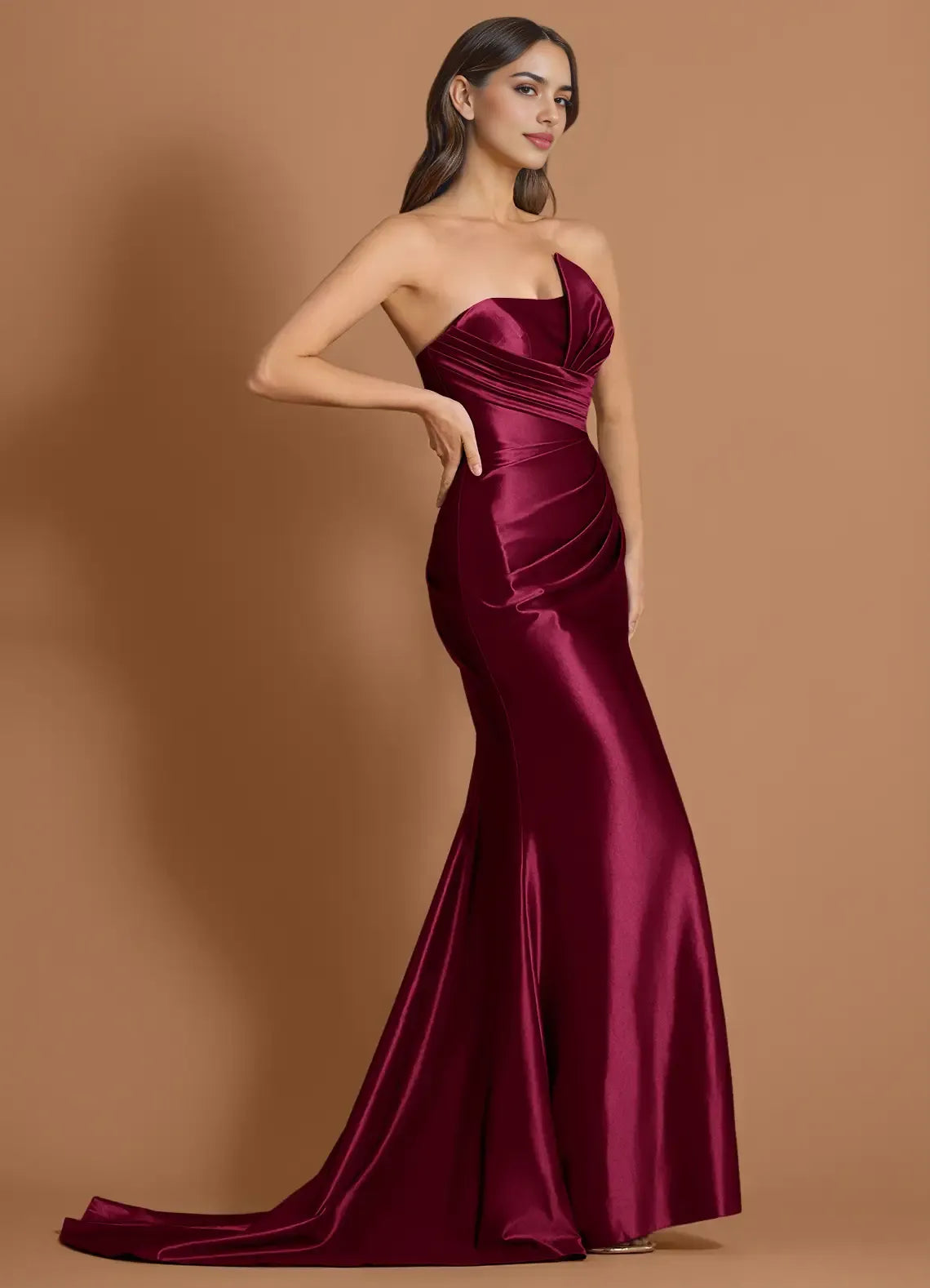 Mermaid Strapless Pleated Wine Maxi Evening Dress With Side Slit