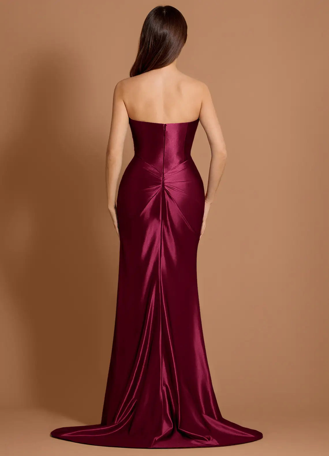 Mermaid Strapless Pleated Wine Maxi Evening Dress With Side Slit