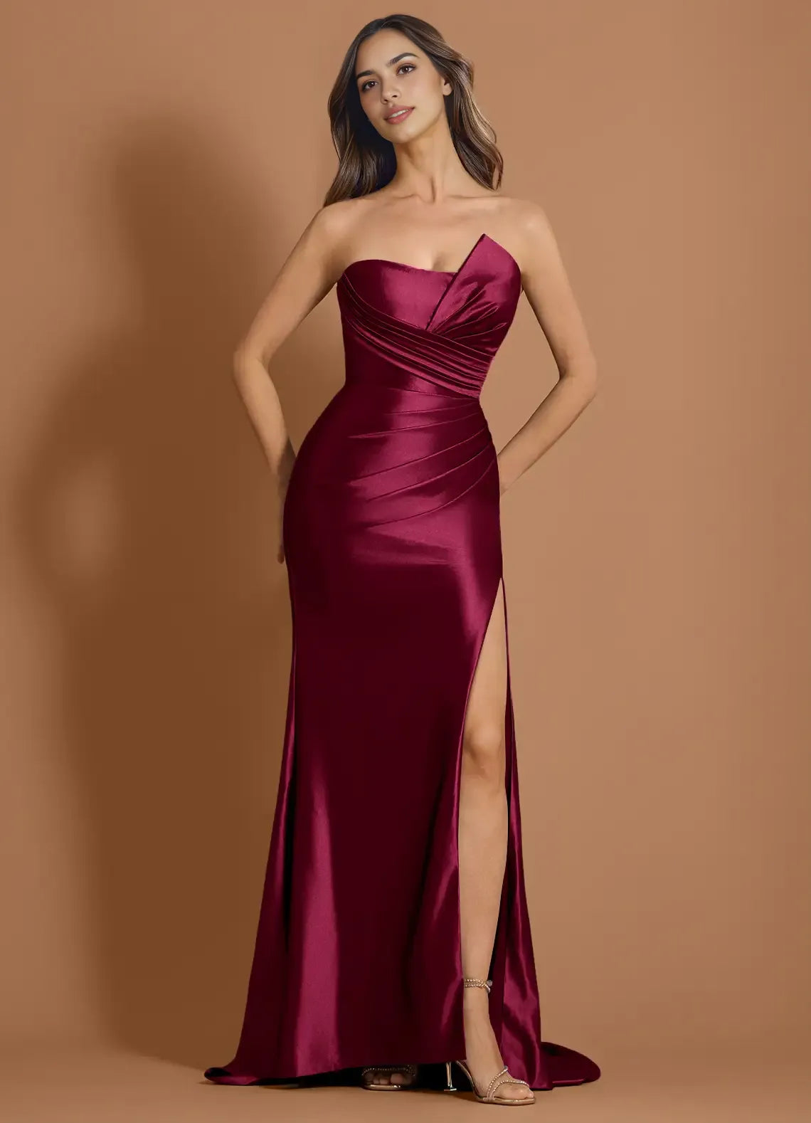 Mermaid Strapless Pleated Wine Maxi Evening Dress With Side Slit