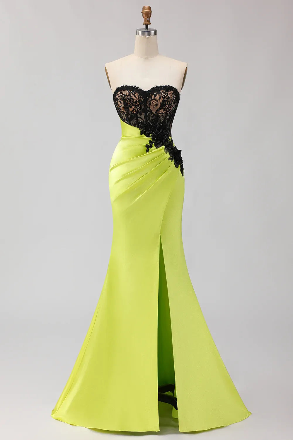 Mermaid Strapless Ruched Lace Appliqued Black Green Long Prom Dress With Slit