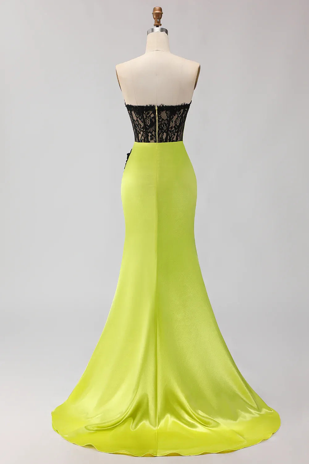 Mermaid Strapless Ruched Lace Appliqued Black Green Long Prom Dress With Slit